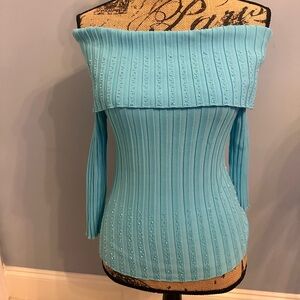 Off-Shoulder bright Sky Blue color is brighter than shown with elegant beating